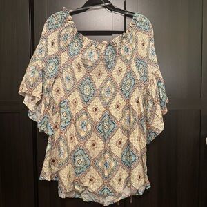 ODDY Beige and Teal Diamond Print off the Shoulder Blouse​